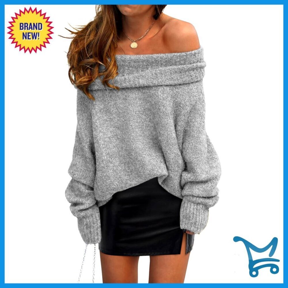 Off Shoulder Knit Pullover Sweater Long Sleeve Loose Fit Winter Essential